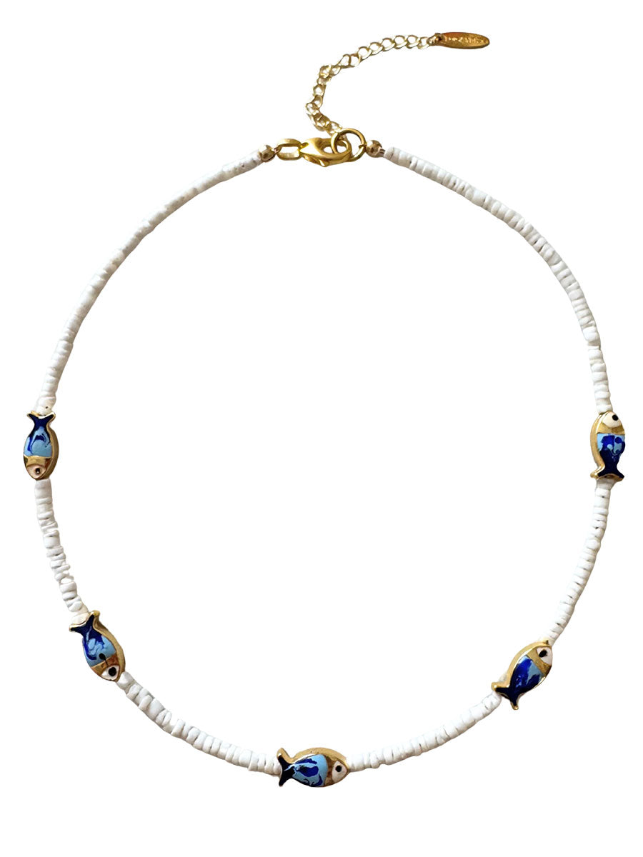 white heishi blue fish necklace