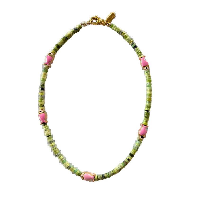 green and pink fish beaded necklace