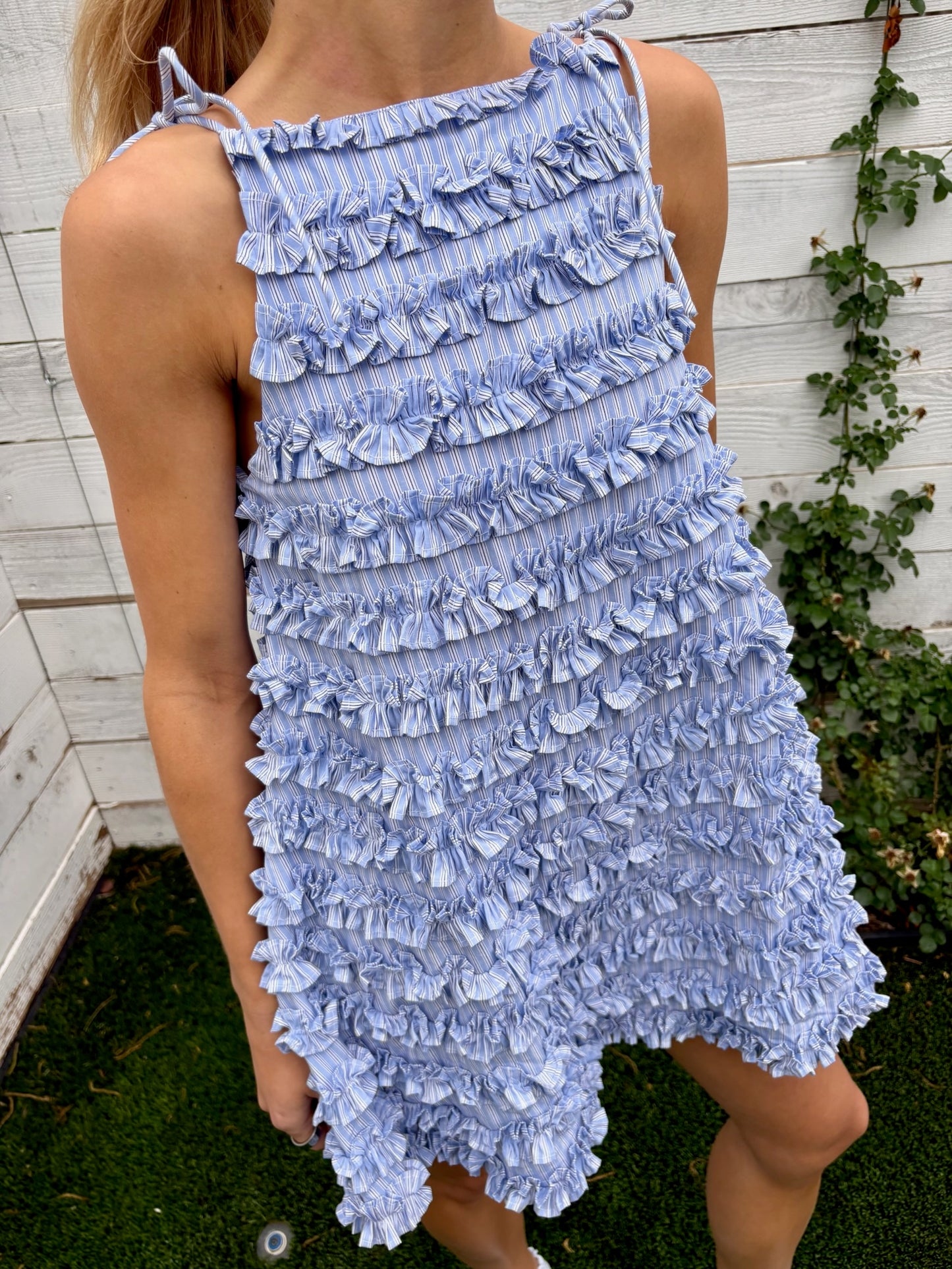 leili ruffle mini dress business stripe