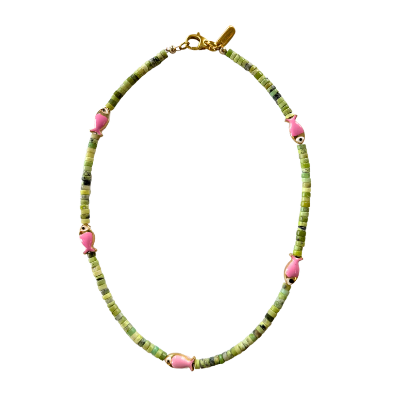 green and pink fish beaded necklace