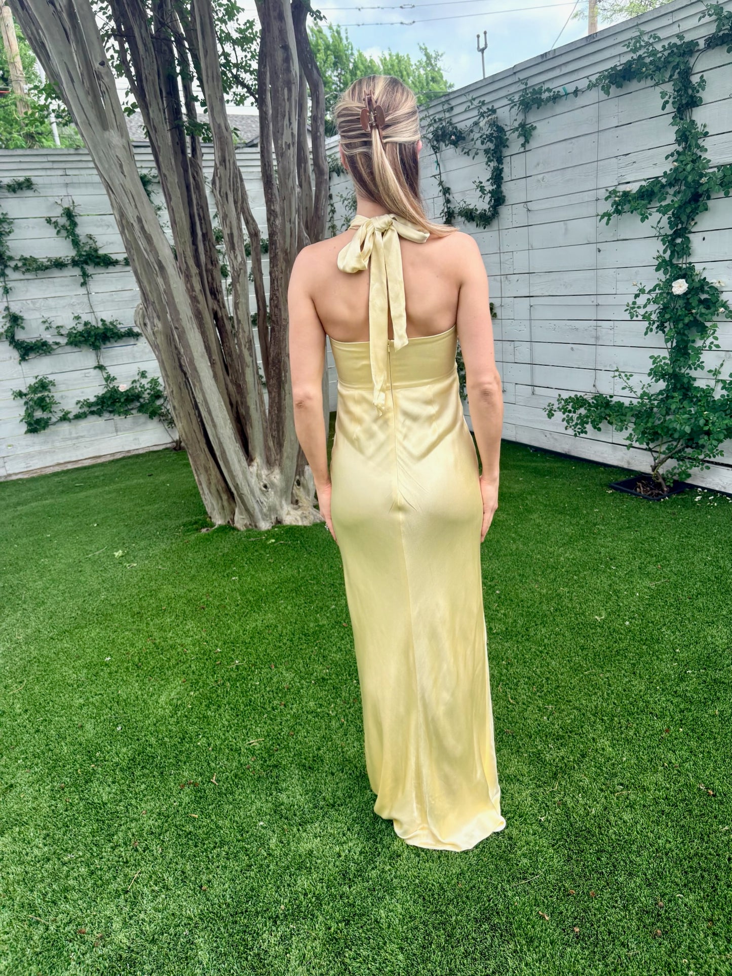 la lune ruched back maxi dress