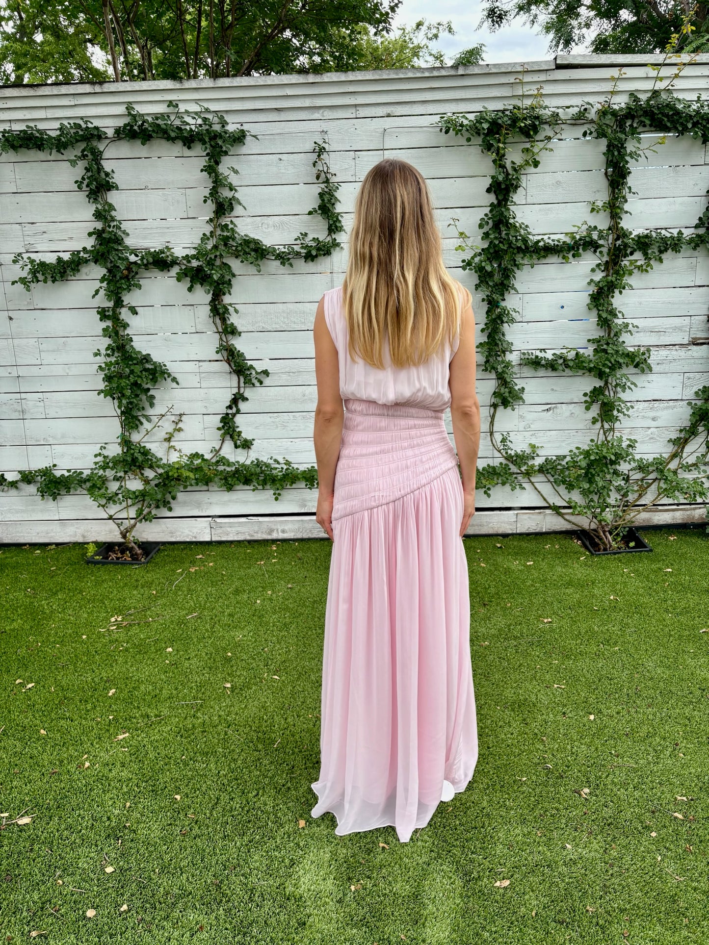 amina panelled ruched maxi dress