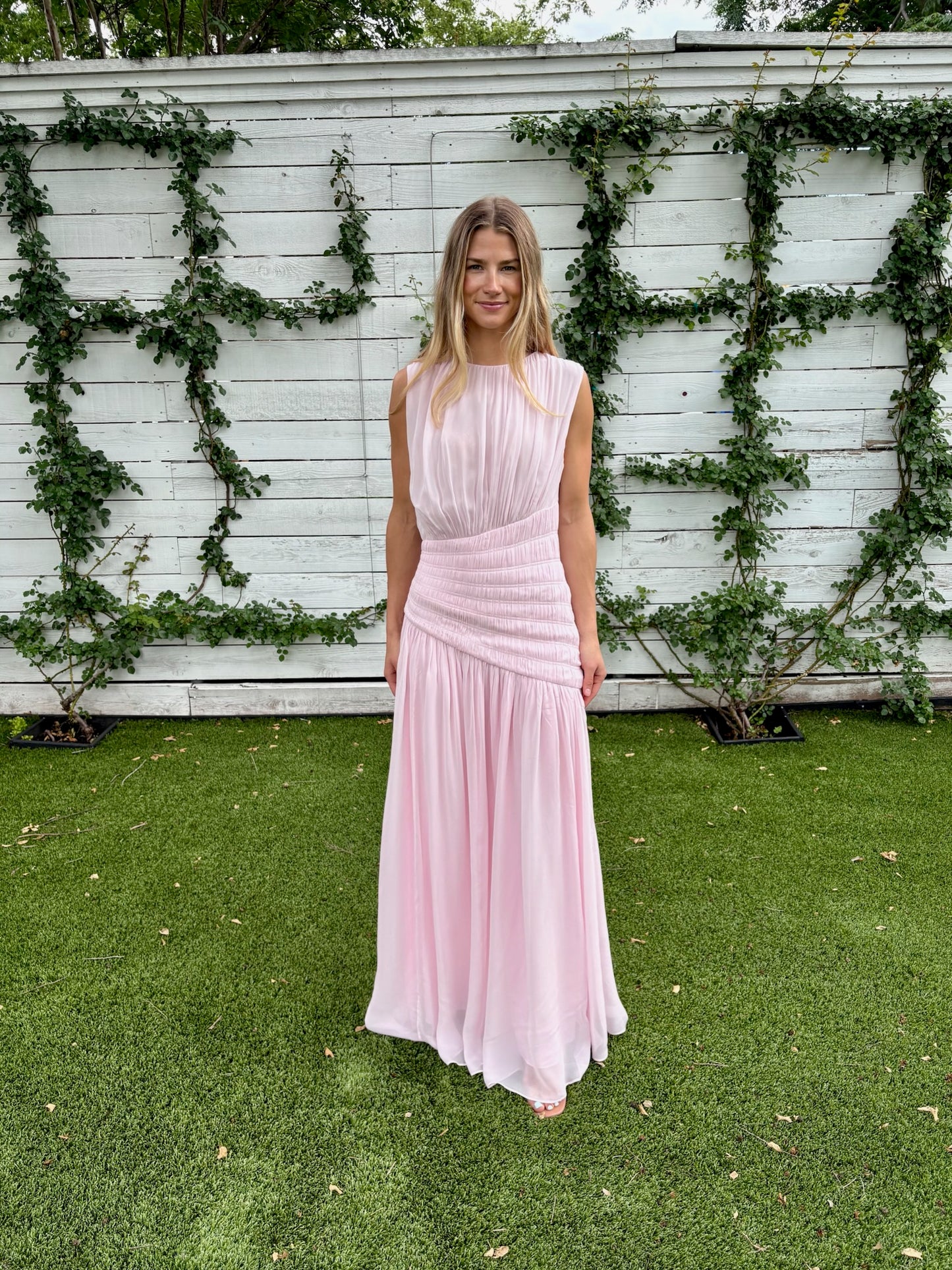 amina panelled ruched maxi dress