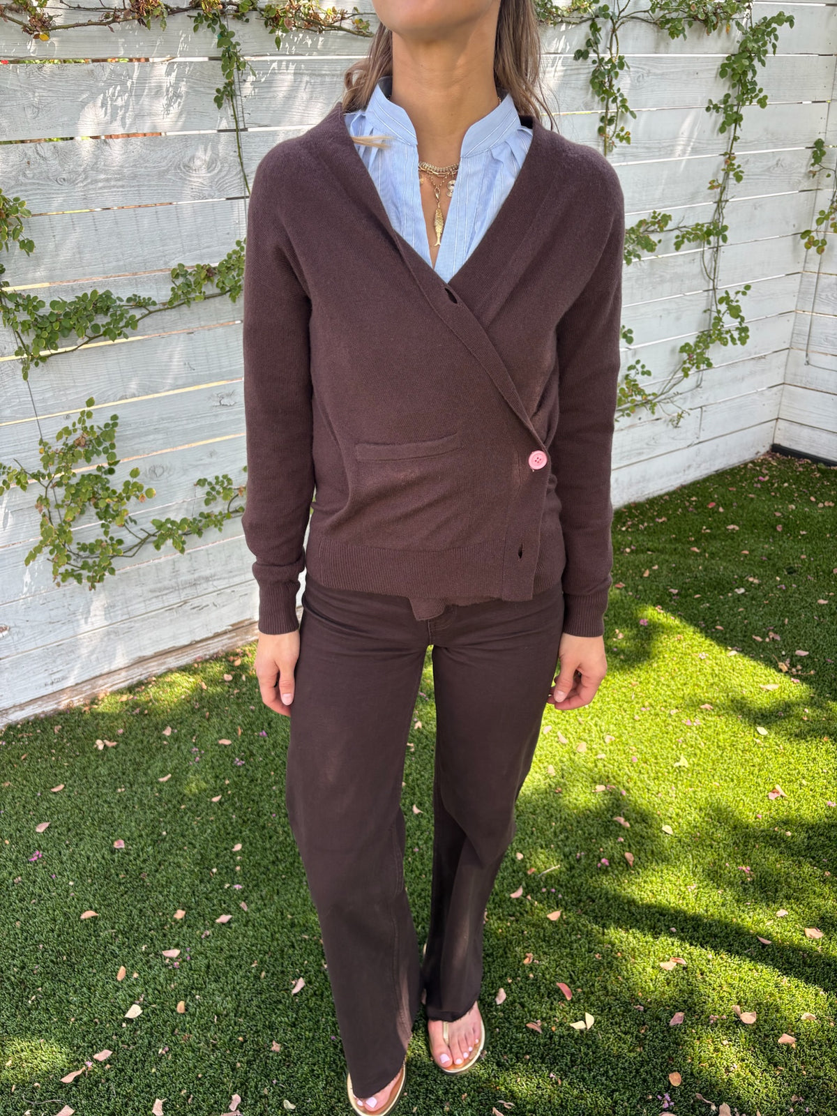 the wrap cardigan in dark chocolate