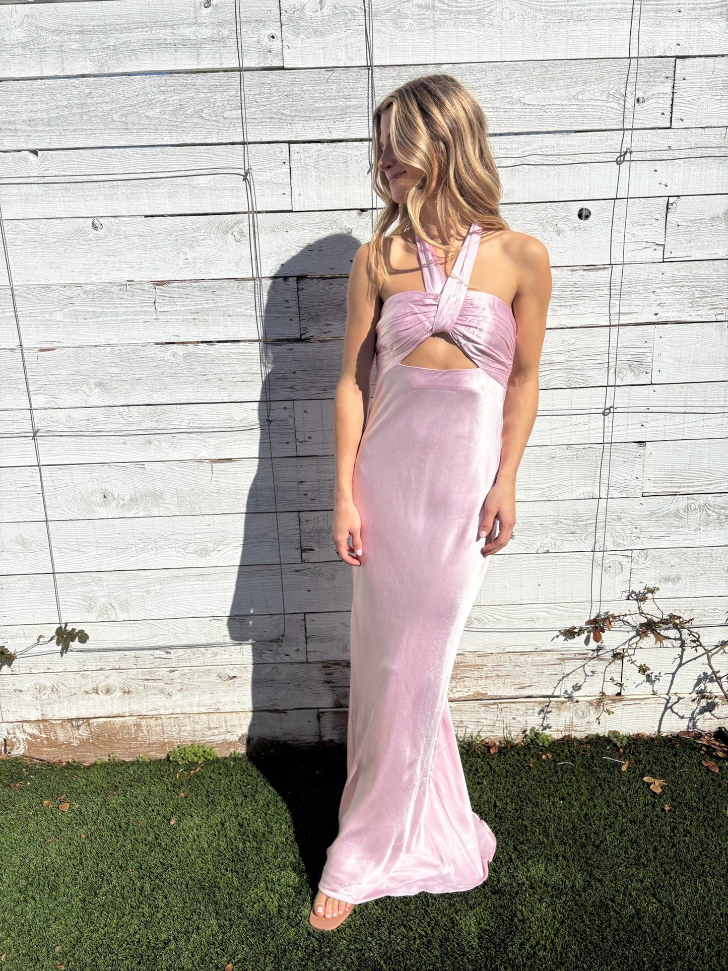 la lune ruched back maxi dress
